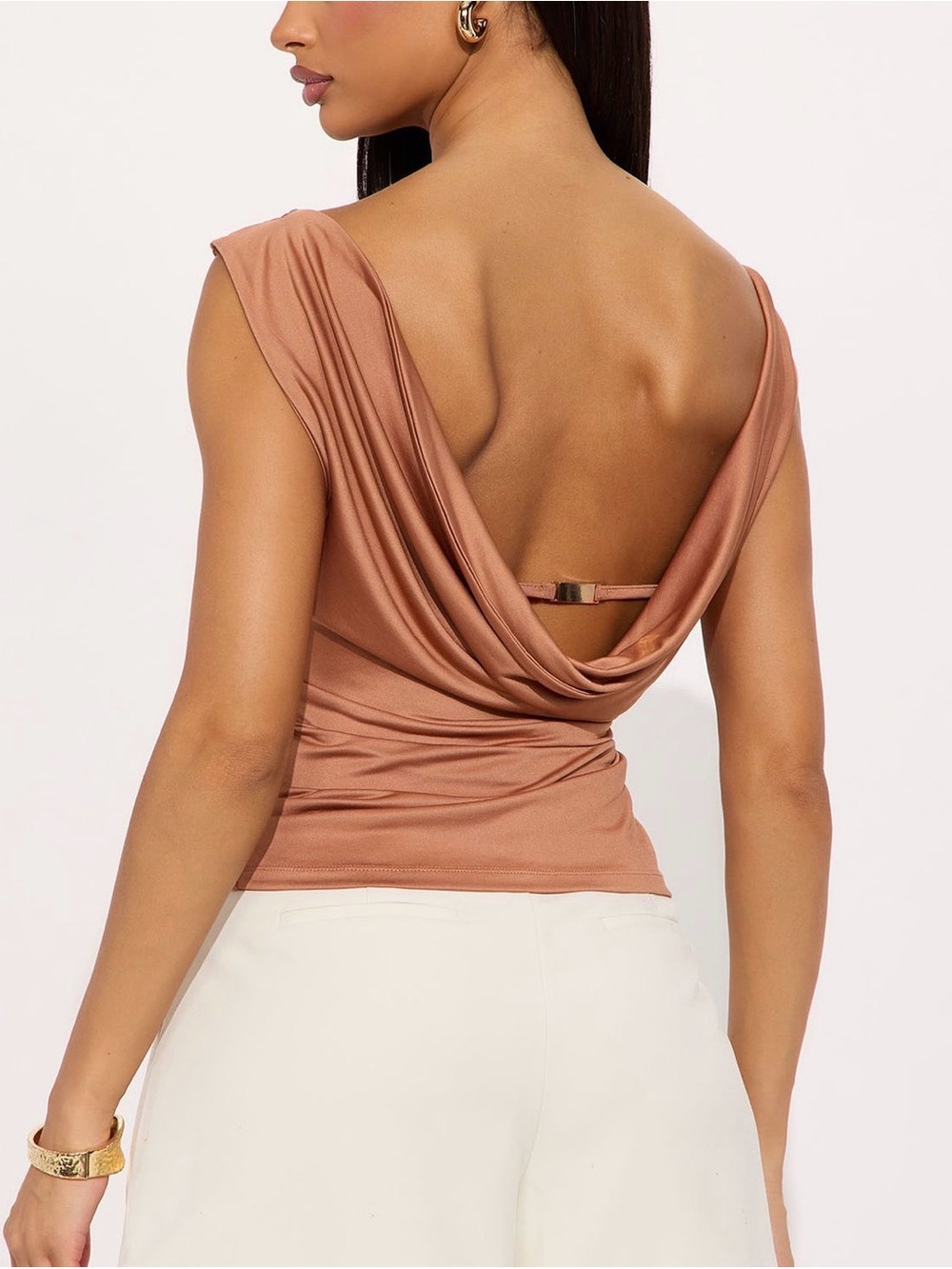 Fashion Nova Draped Open-Back Tank Top in Mocha